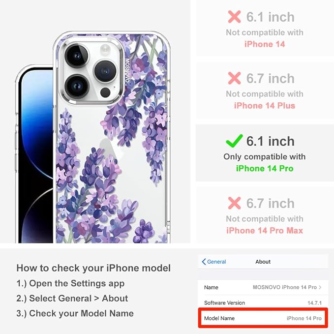 MOSNOVO Case for iPhone 14 Pro, [Buffertech 6.6ft Military-Grade Drop Protection] [Anti Peel Off Tech] Clear TPU Bumper Phone Case Cover Design - Lavender