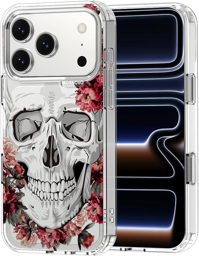 MOSNOVO for iPhone 17 Pro Case | Military Grade 6.6ft Drop Tested | Camera Control | Clear with Red Flower Skull Design