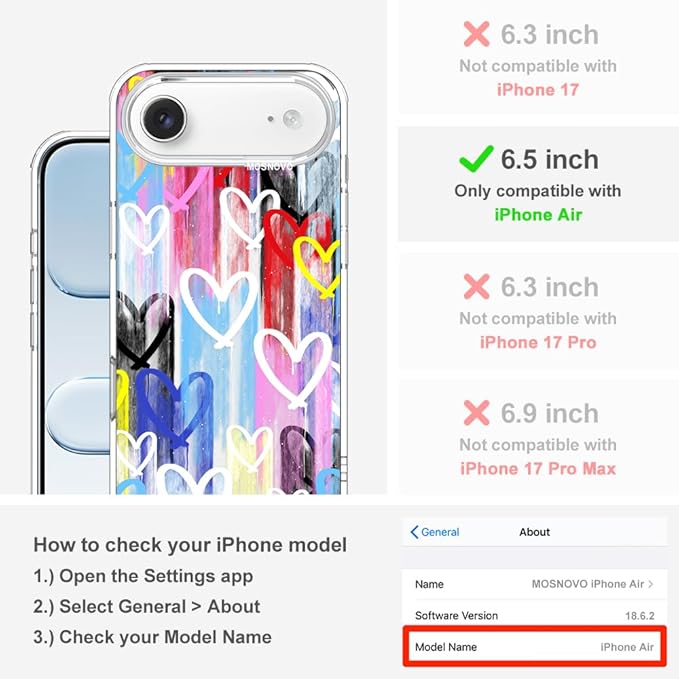 MOSNOVO for iPhone Air Case, Shockproof Military-Grade Protection 6.6ft Drop Tested, Camera Control, Clear Phone Case for iPhone 17 Air, Graffiti Hearts Design