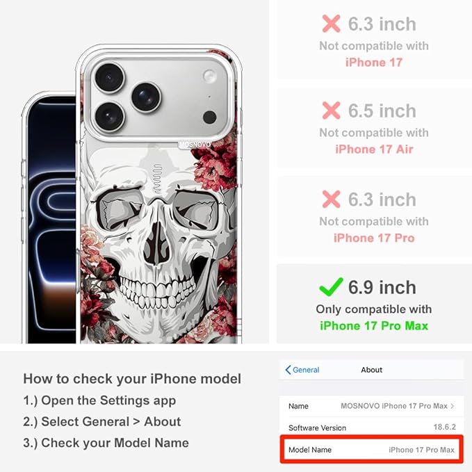 MOSNOVO for iPhone 17 Pro Max Case | Military Grade 6.6ft Drop Tested | Camera Control | Clear with Red Flower Skull Design