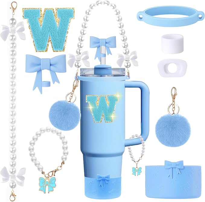 9pcs Stanley Cup Accessories Set- for 30oz 40oz Tumblers with Handle - Bule Kit Includes Bow Straw Topper and Boot, Charm, Pearl Handle Strap & Stickers - Aesthetic Girl Gifts (W)