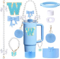 9pcs Stanley Cup Accessories Set- for 30oz 40oz Tumblers with Handle - Bule Kit Includes Bow Straw Topper and Boot, Charm, Pearl Handle Strap & Stickers - Aesthetic Girl Gifts (W)
