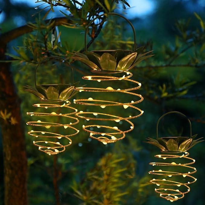 JHPGEOE 2 Pack Outdoor Solar Hanging Lantern Lights - 60LED Waterproof Solar Pineapple Light Outdoor for Garden,Yard Porch Lawn Backyard Landscape Pathway Patio Outside Gardening