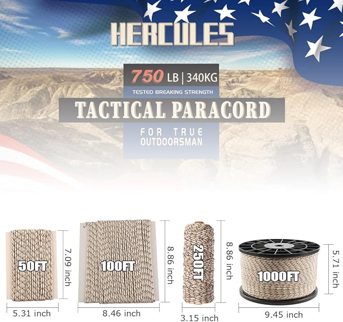HERCULES 750lb Paracord 4mm 11 Strands Tactical Parachute Cord, 50' 100' 250' 1000' Utility Rope for Camping, Survival, Outdoor Gear (Desert Camo, 50FT)