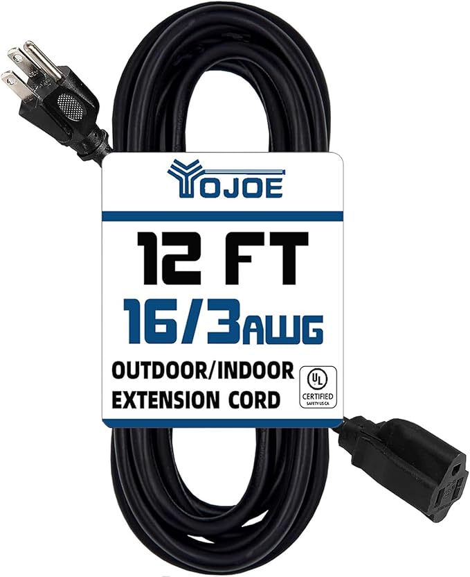YOJOE Indoor Outdoor Extension Cord, 3 Prong 13A Weatherproof Power Cord, 16 Gauge Heavy Duty 12 ft Black Extension Cord for Garage, Garden and Home, 16/3 SJTW UL Listed