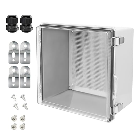LeMotech Electrical Box, IP67 Waterproof Hinged Clear Cover Stainless Steel Latch Junction Box, ABS Plastic Electrical Enclosure with Mounting Plate,Wall Brackets, Cable Glands,11.8"x11.8"x7.1", Grey