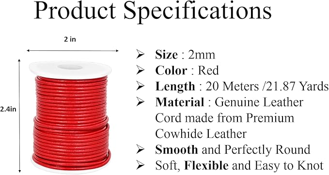 GENIQUE Real/Genuine Round Leather String Cord for Necklace, Bracelets, Jewelry, Kumihimo Braiding, DIY Projects (10 Metres) (3mm, Red)