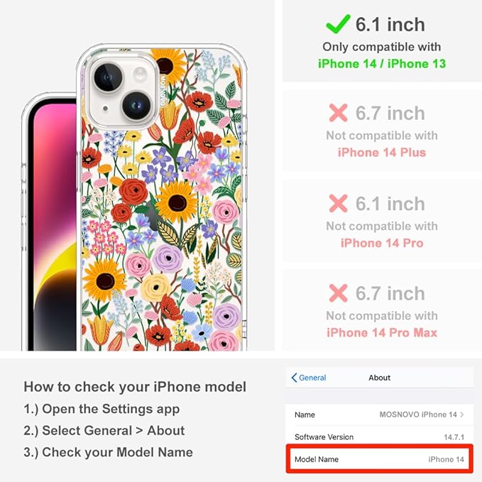 MOSNOVO for iPhone 13/14 Case | Military Grade 6.6ft Drop Tested | Clear with Blossom & Bloom Design