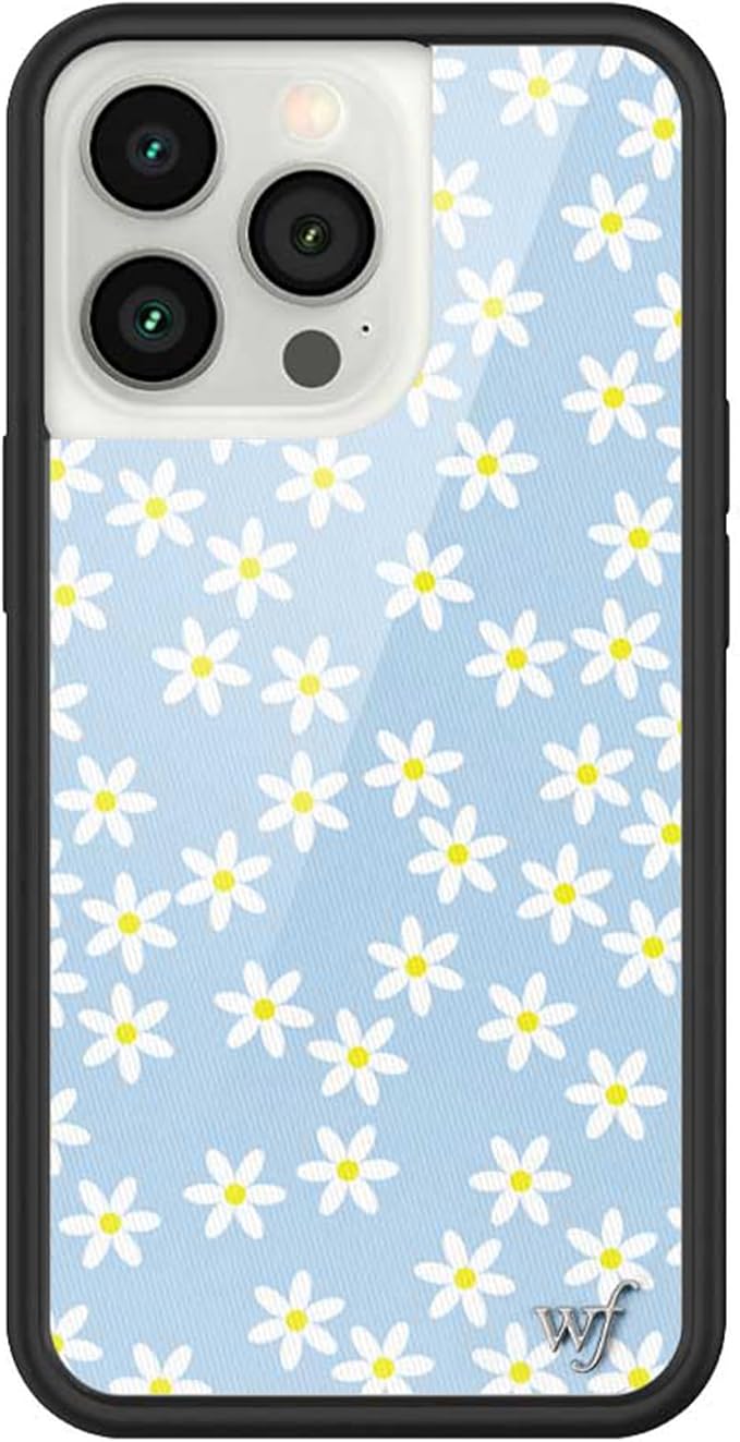 Wildflower Cases - Compatible with iPhone 13 Pro | Protective Black Bumper, 6.5ft Drop Test Certified, Women Owned Small Business | White Pastel Light Dainty Floral Cute Trendy | Blue Daisy
