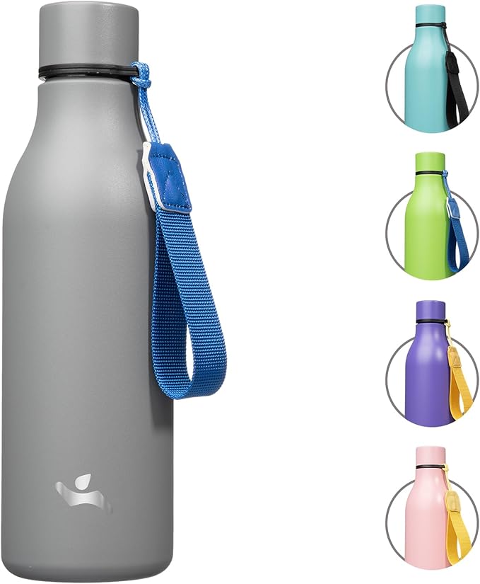 Konokyo Insulated Water Bottle with Strap,18 oz Double Wall Stainless Steel Vacuum Bottles Metal Water Flask,Gray