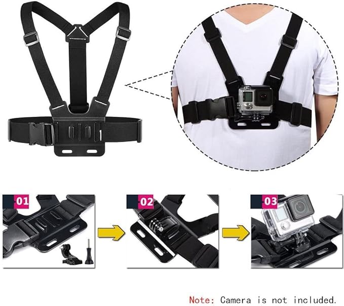 3 in 1 Universal Action Camera Accessories Kit - Head Strap Mount/Chest Harness/Selfie stick Compatible with Gopro Hero 13 12 11 10 9 8 7 6 5/AKASO EK7000/V50/Brave 7/Dragon Touch Action Camera