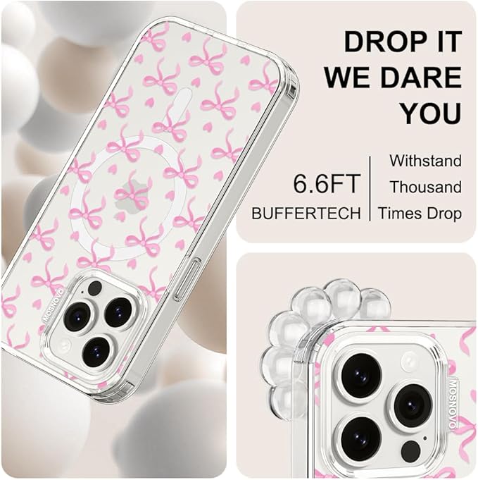 MOSNOVO Case for iPhone 15 Pro Max, [Buffertech 6.6ft Military-Grade Drop Protection] [Anti Peel Off Tech] Clear TPU Bumper Phone Case Cover Design - Bowtiful Love