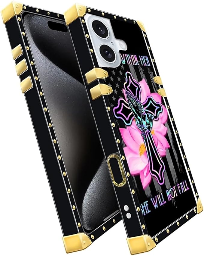 Compatible with iPhone 16 Case, Praying Cross Hands Luxury Golden Decoration for Girl Women Soft TPU Shockproof Protective Hard PC Back for iPhone 16