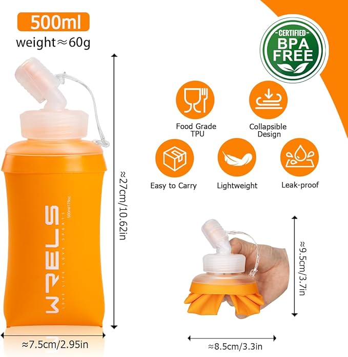 WRELS 350ml/500ml TPU Soft Water Bottles BPA Free Collapsible Soft Flask with Widen Mouth for Running Vest Lightweight Foldable Water Bottle for Running Marathon Trail Hiking