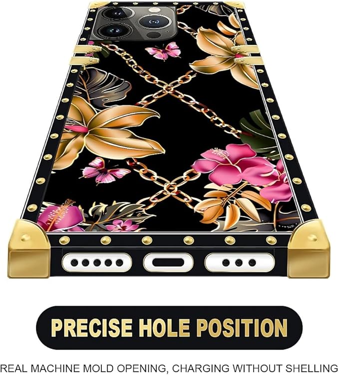 Compatible with iPhone 13 Pro Max Case, Pink Golden Chain Tropical Flower Luxury Golden Decoration for Girl Women Soft TPU Shockproof Protective Hard PC Back for iPhone 13 Pro Max