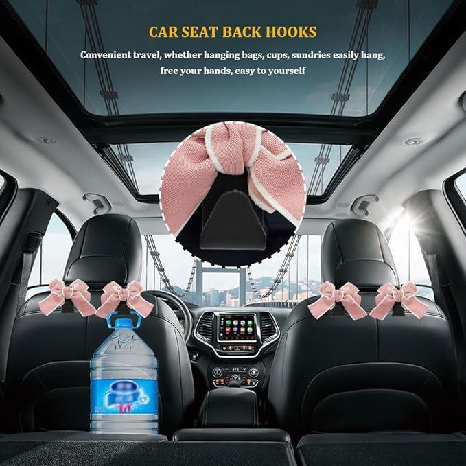 2PCS Car Hooks for Purses and Bags, Cute Bow Car Seat Headrest Hook, Car Accessories Multipurpose Back Seat Hanger Storage Organize Universal for Vehicles (2PCS-Pink Bowknot)
