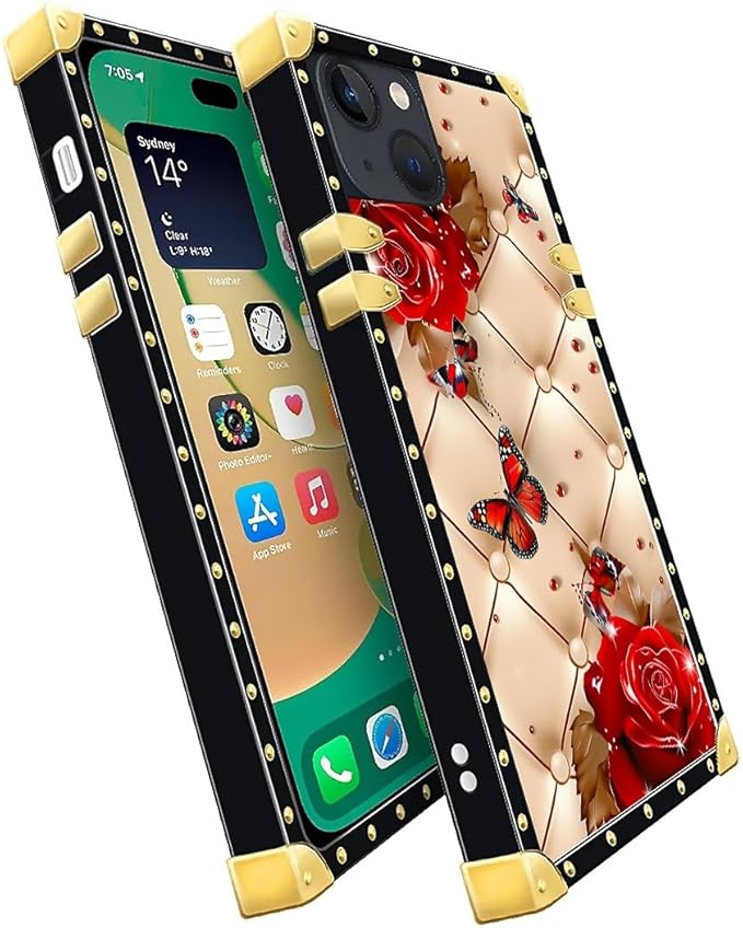 Compatible with iPhone 14 Case, Shining Red Rose Butterfly Leather Background Luxury Golden Decoration for Girl Women Soft TPU Shockproof Protective Hard PC Back for iPhone 14