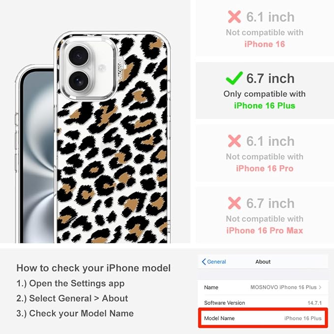 MOSNOVO Case for iPhone 16 Plus, [Buffertech 6.6ft Military-Grade Drop Protection] [Anti Peel Off Tech] Clear TPU Bumper Phone Case Cover Design - Leopard Print