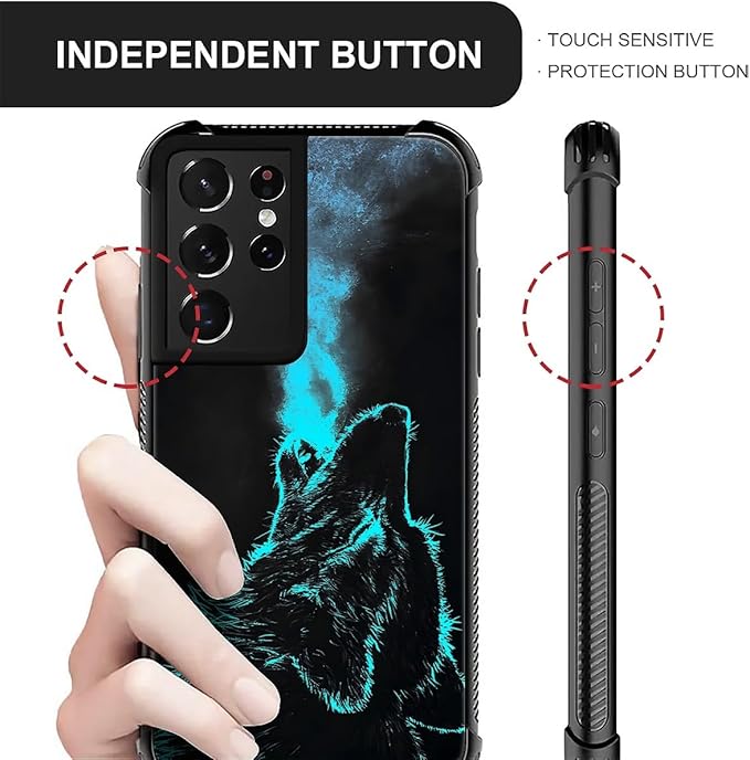 for Samsung Galaxy S21 Ultra Case, Blue Breathing Wolf Pattern Graphic Design Girl Boy Soft Silicone Hard Acrylic Shock Protection for Samsung Galaxy S21 Ultra