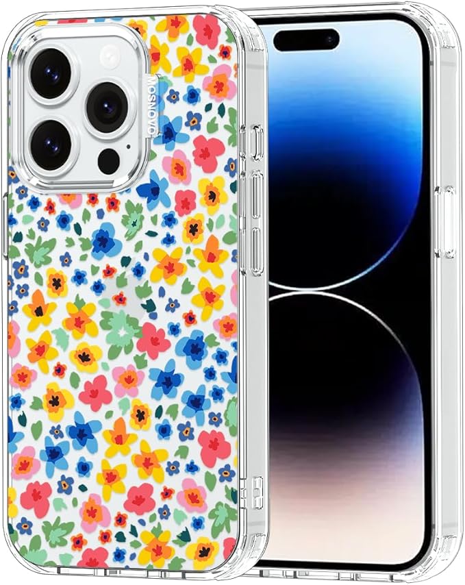 MOSNOVO Case for iPhone 14 Pro, [Buffertech 6.6ft Military-Grade Drop Protection] [Anti Peel Off Tech] Clear TPU Bumper Phone Case Cover Design - Little Flowers