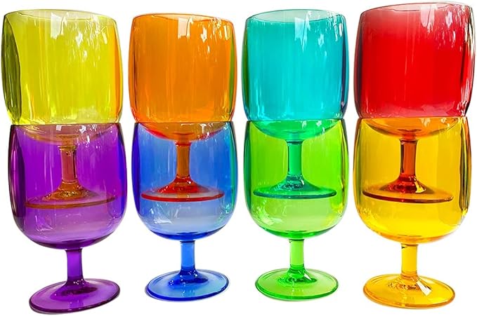 Lily's Home Unbreakable Plastic Wine Glasses Set of 8, 12 oz Shatterproof Stackable Tumblers, Reusable BPA Free Goblets for Party, Picnic, Camping, and Outdoor Use. Made in Taiwan(Multicolor)