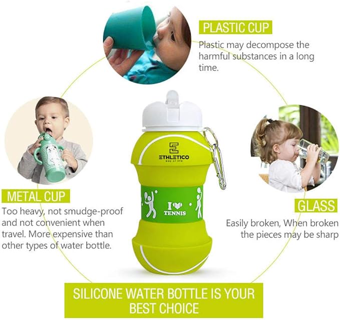 Collapsible Water Bottles with Carabiner Food Grade Sports Water Bottle for Gift Kids Folding Water Bottle for Hiking, School, GYM, School, Sports and Traveling 19oz/550ml (Tennis Ball)
