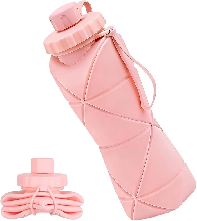Collapsible Travel Water Bottle 20oz (600ml), BPA-Free, Foldable Silicone Lightweight Reusable Water bottle with Leak-Proof Lid & Lanyard, Portable for Travel Cycling Gym Camping (Pink)