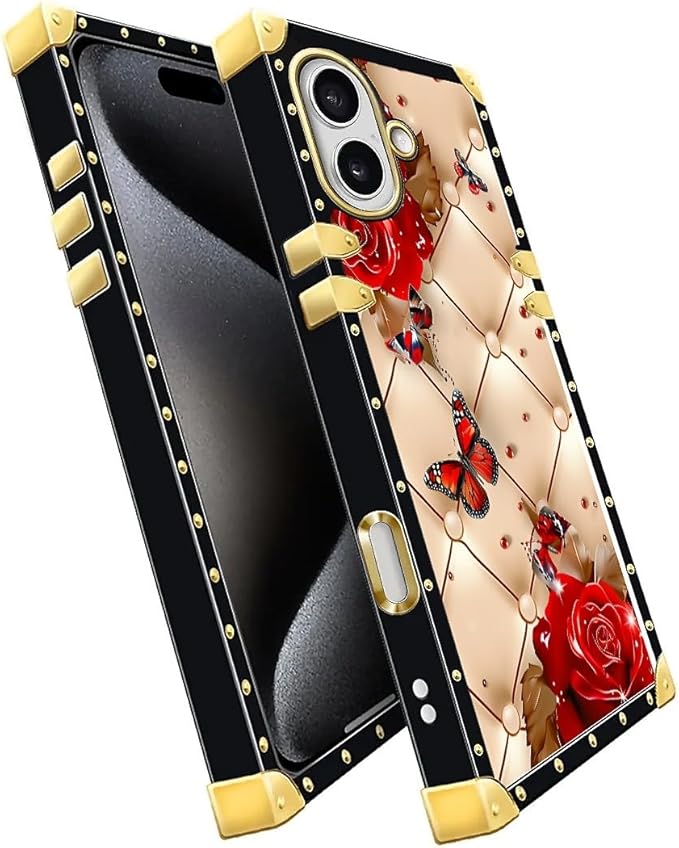 for iPhone 17 Case Luxury Golden Decoration for Girl Women Soft TPU Shockproof Protective Hard PC Back for iPhone 17 Crazy Pattern Shining Red Rose Butterfly Leather Background