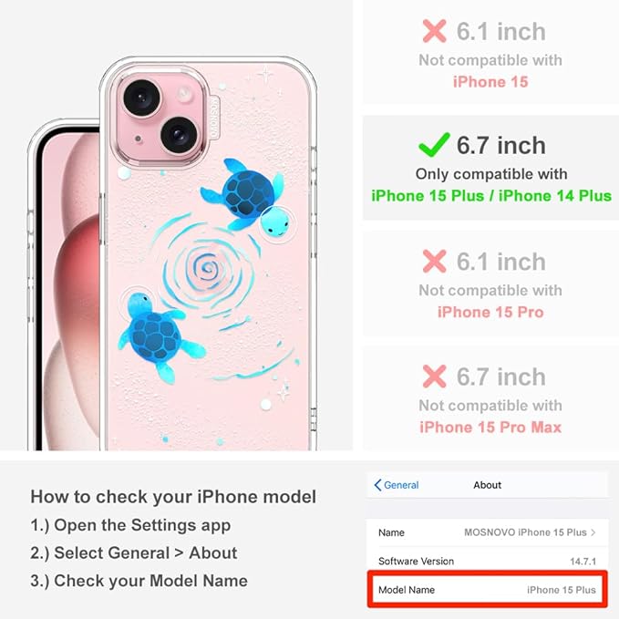 MOSNOVO Case for iPhone 15 Plus/iPhone 14 Plus, [Buffertech 6.6ft Military-Grade Drop Protection] [Anti Peel Off Tech] Clear TPU Bumper Phone Case Cover Design - Space Turtle