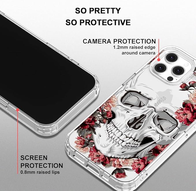 MOSNOVO Case for iPhone 12 & iPhone 12 Pro, [Buffertech 6.6ft Military-Grade Drop Protection] [Anti Peel Off Tech] Clear TPU Bumper Phone Case Cover Design - Red Flower Skull