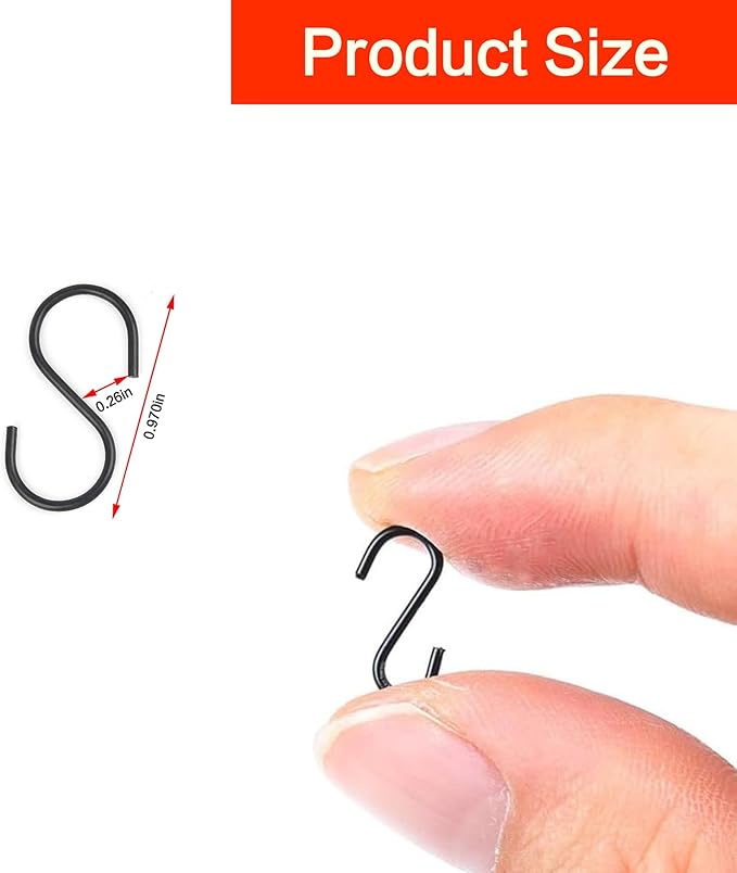 50pcs 1 Inch Black Iron Mini S Hooks Multipurpose Hangers for Jewelry Kitchenware and Plants