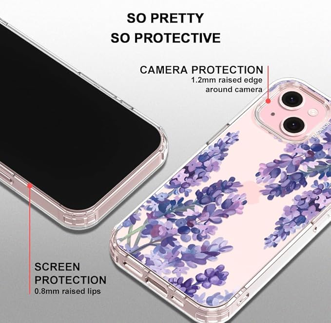 MOSNOVO Case for iPhone 15, [Buffertech 6.6ft Military-Grade Drop Protection] [Anti Peel Off Tech] Clear TPU Bumper Phone Case Cover Design - Lavender