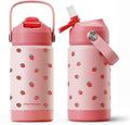 Mommore Kids Water Bottle 12 oz, Insulated Stainless Steel Water Bottle with Straw, Leakproof & BPA-Free, Vacuum Insulated Travel Water Bottle for School, Outdoor Strawberry-1 Pc