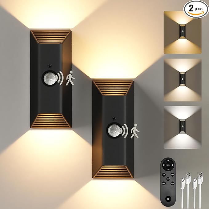 EZVALO Motion Sensor Wall Lights, 4000mAh Rechargeable Battery Operated Wall Sconces Set of 2, 3 Color Temps, Dimmable, Wireless Magnetic Night Light with Remote, Timer, for Hallway, Stair, Bedroom