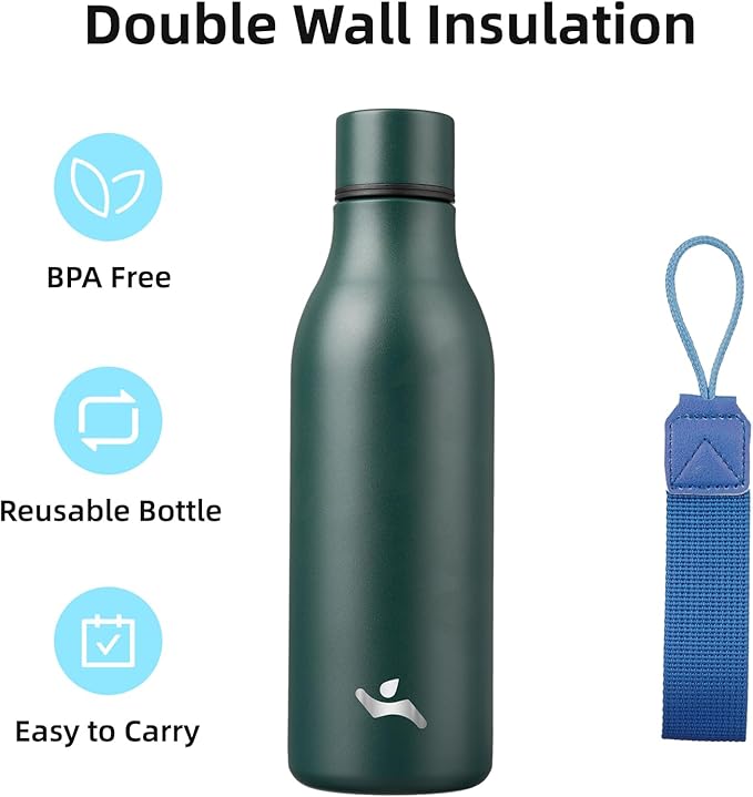 Konokyo Insulated Water Bottle with Strap,18 oz Double Wall Stainless Steel Vacuum Bottles Metal Water Flask,Army Green