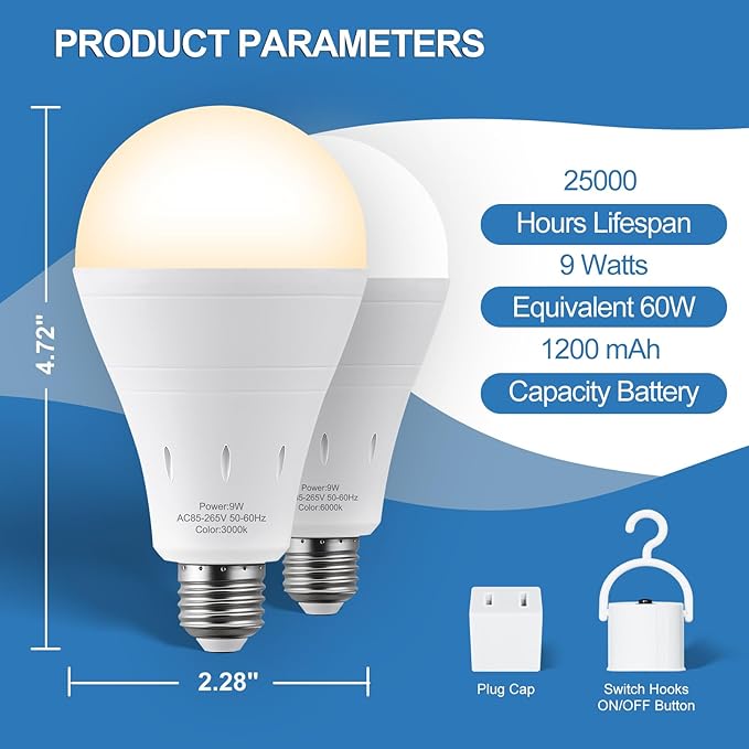 3Pack Rechargeable Emergency Light Bulb, A19 9W Warm White 6000K Self-Charging LED Light Bulb,1200mAh Battery Backup Light Bulbs for Daily,Home Emergency,Outdoor Portable Use