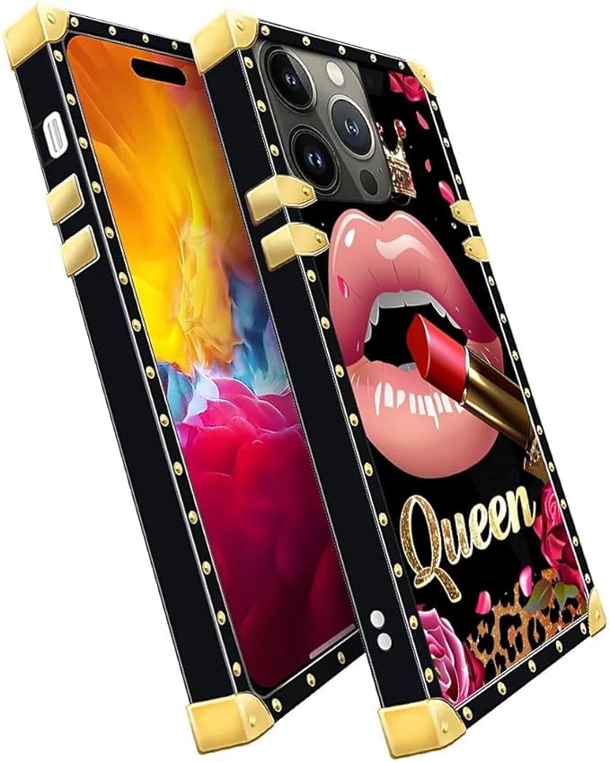 Compatible with iPhone 15 Pro Max Case, Glitter Red Rose Queen Leopard Lipstick Luxury Golden Decoration for Girl Women Soft TPU Shockproof Protective Hard PC Back