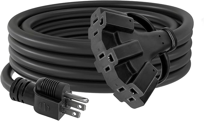 25FT 12/3 Outdoor Extension Cord with Multiple Outlets 12 Gauge 3 Outlet Heavy Duty Power Cord Splitter Flexible 3 Way Power Cable Waterproof 12AWG 15A 1875W SJTW,ETL Listed