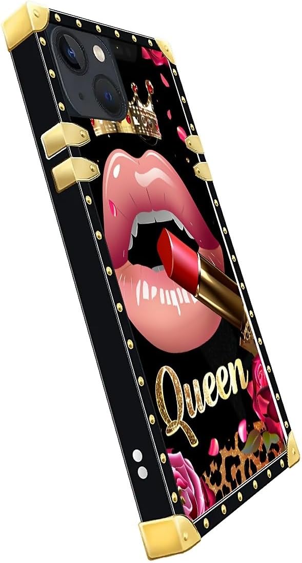 Compatible with iPhone 14 Case, Glitter Red Rose Queen Leopard Lipstick Luxury Golden Decoration for Girl Women Soft TPU Shockproof Protective Hard PC Back for iPhone 14