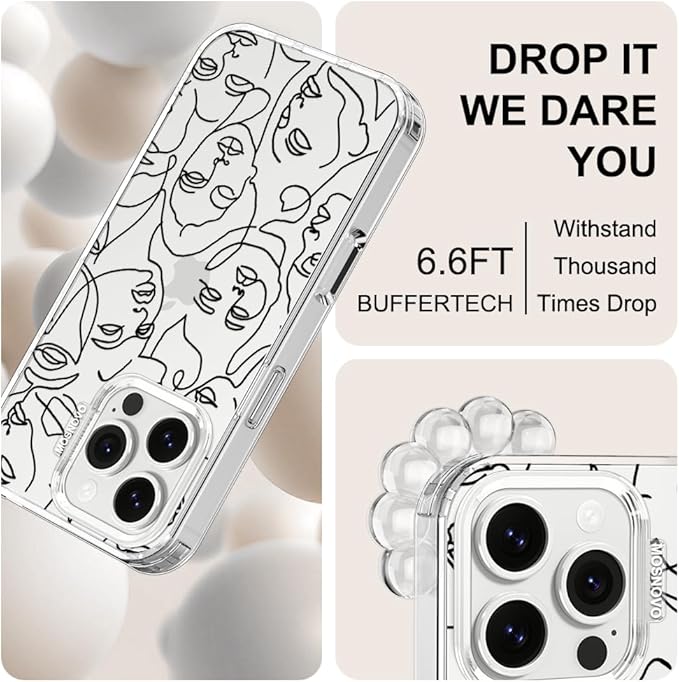 MOSNOVO Case for iPhone 16 Pro, [Buffertech 6.6ft Military-Grade Drop Protection] [Anti Peel Off Tech] Clear TPU Bumper Phone Case Cover Design - Abstract Face Line Art