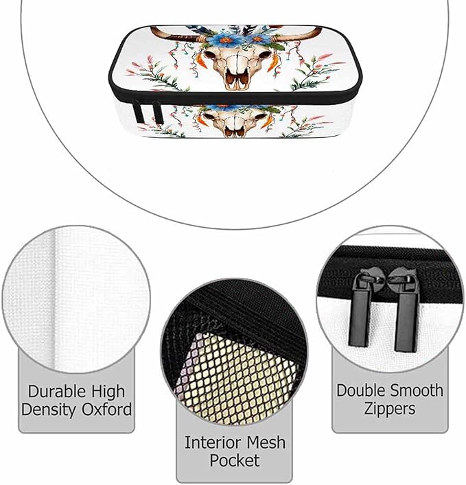 Cow Skull Pencil Holder Bag Bull Head Flowers Feathers Boho Style Pencil Case College Office School for Teens Boy Girl