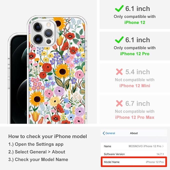 MOSNOVO Case for iPhone 12 & iPhone 12 Pro, [Buffertech 6.6ft Military-Grade Drop Protection] [Anti Peel Off Tech] Clear TPU Bumper Phone Case Cover Design - Blossom & Bloom