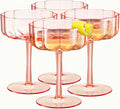 Khen Shatterproof Acrylic Flower Wavy Art Deco Martini, Champagne & Cocktail Blush Peach-Pink Plastic Tritan Coupe Glasses | Set of 4 | 8.5oz Classic Cocktail Indoor & Outdoor Set Gift