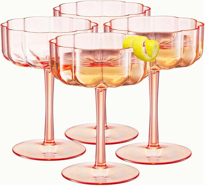 Khen Shatterproof Acrylic Flower Wavy Art Deco Martini, Champagne & Cocktail Blush Peach-Pink Plastic Tritan Coupe Glasses | Set of 4 | 8.5oz Classic Cocktail Indoor & Outdoor Set Gift