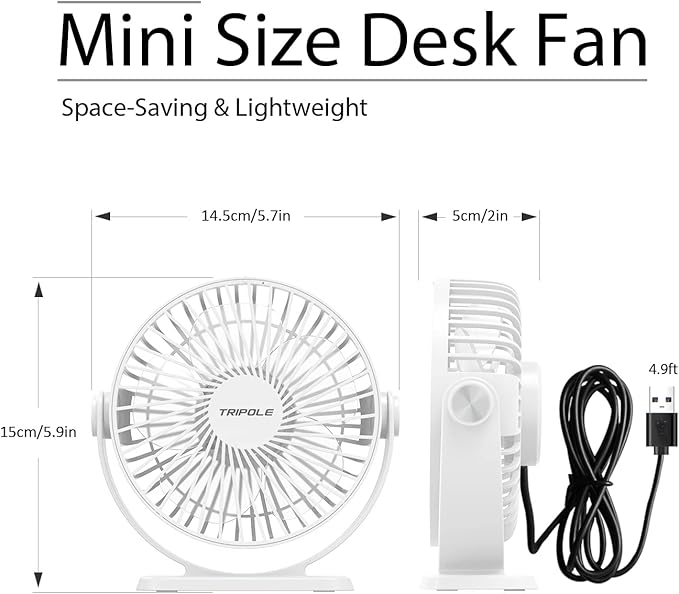TriPole Small Desk Fan USB Powered Personal Fan 3 Speeds Strong Airflow Mini Fans 360°Rotation Portable 5.1 Inch Table Fans for Home Office Bedroom Desktop, White, 4.9ft Cable