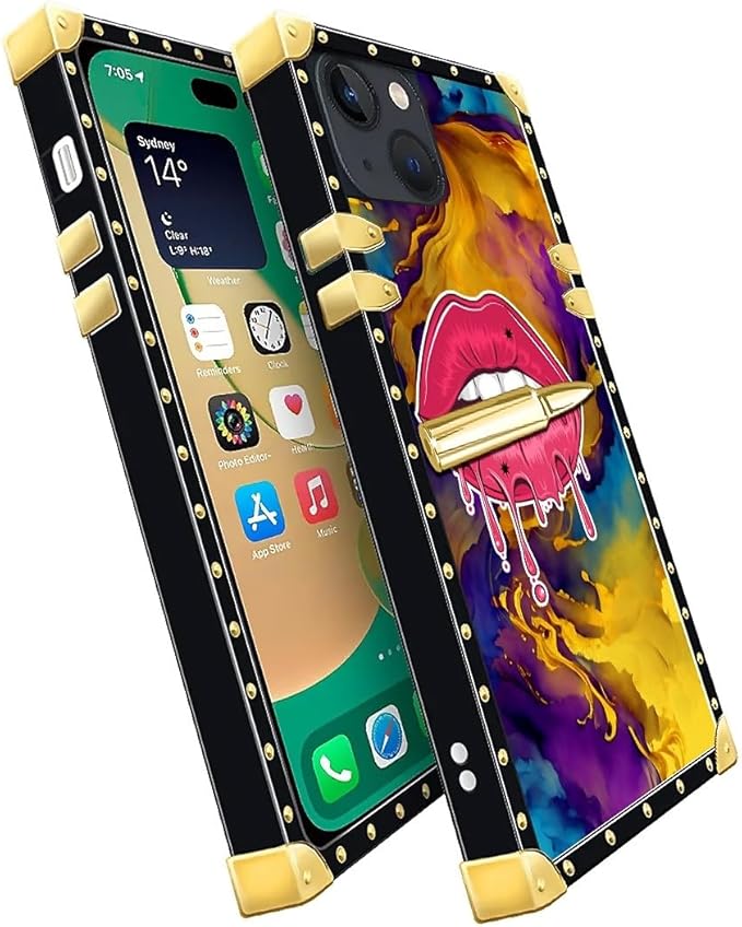 Compatible with iPhone 14 Case, Cool Corlorful Lip Marble Luxury Golden Decoration for Girl Women Soft TPU Shockproof Protective Hard PC Back for iPhone 14