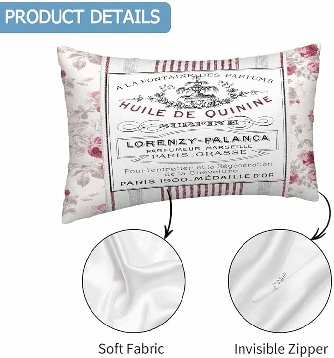 Huile De Quinine Vintage French 12 X 20 Pillow Covers Elegance Fountain Pink Rose Wreath Floral Striped Set of 2 Pillow Cases Outdoor Pillowcases Decorative Home Bed Sofa Couch Hotel