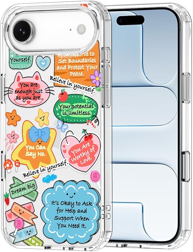 MOSNOVO for iPhone Air Case, Shockproof Military-Grade Protection 6.6ft Drop Tested, Camera Control, Clear Phone Case for iPhone 17 Air, Self Love Club Design
