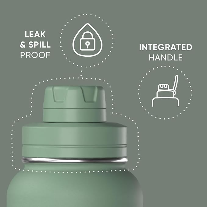 Hydrapeak 32oz Sport Insulated Water Bottle with Straw & Chug Lid, Leak & Spill Proof, Keeps Drinks Cold for 24 Hours, Hot for 12 Hours, Premium Stainless Steel Water Bottles (32oz, Sage Leaf)