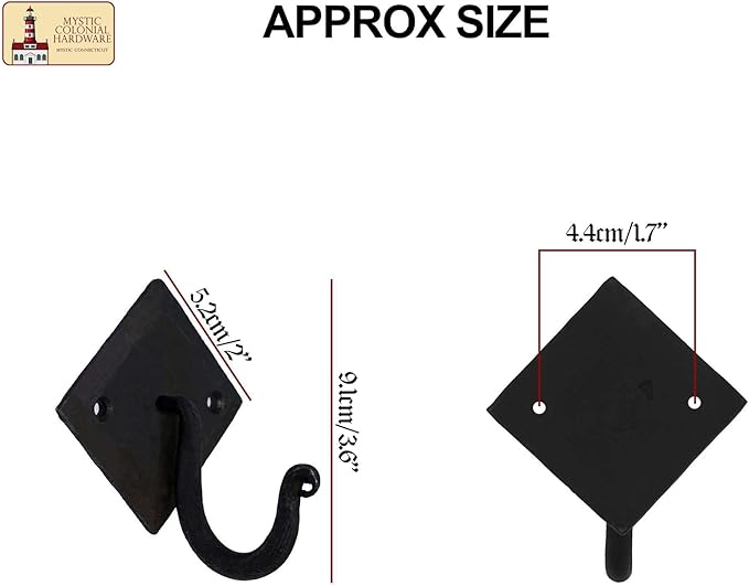 Mystic Colonial Rustic Cast Iron Wall Hooks, 3.6" Heavy Duty Coat Hooks for Coat, Bag, Towel, Hat & Robe, Mounting Hardware Included, Black, Pack of 1